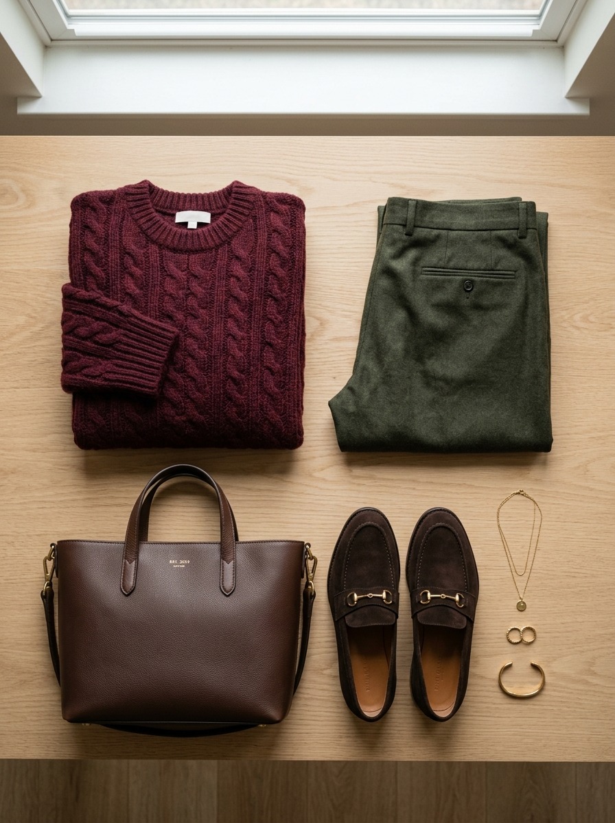 Overhead flat-lay photograph neatly organizing burgundy autumn wardrobe separates on an oak studio table including a folded cable knit sweater, olive wool trousers, chocolate leather tote, and loafers