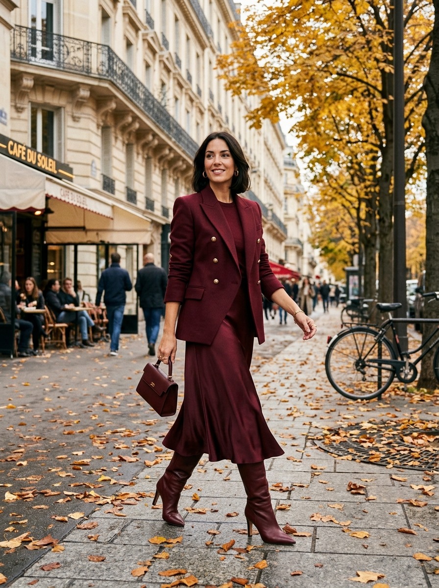 Full-length street style fashion photography of an adult woman in a monochromatic burgundy outfit with tailored blazer, silk midi skirt, and tall leather boots on a Paris sidewalk