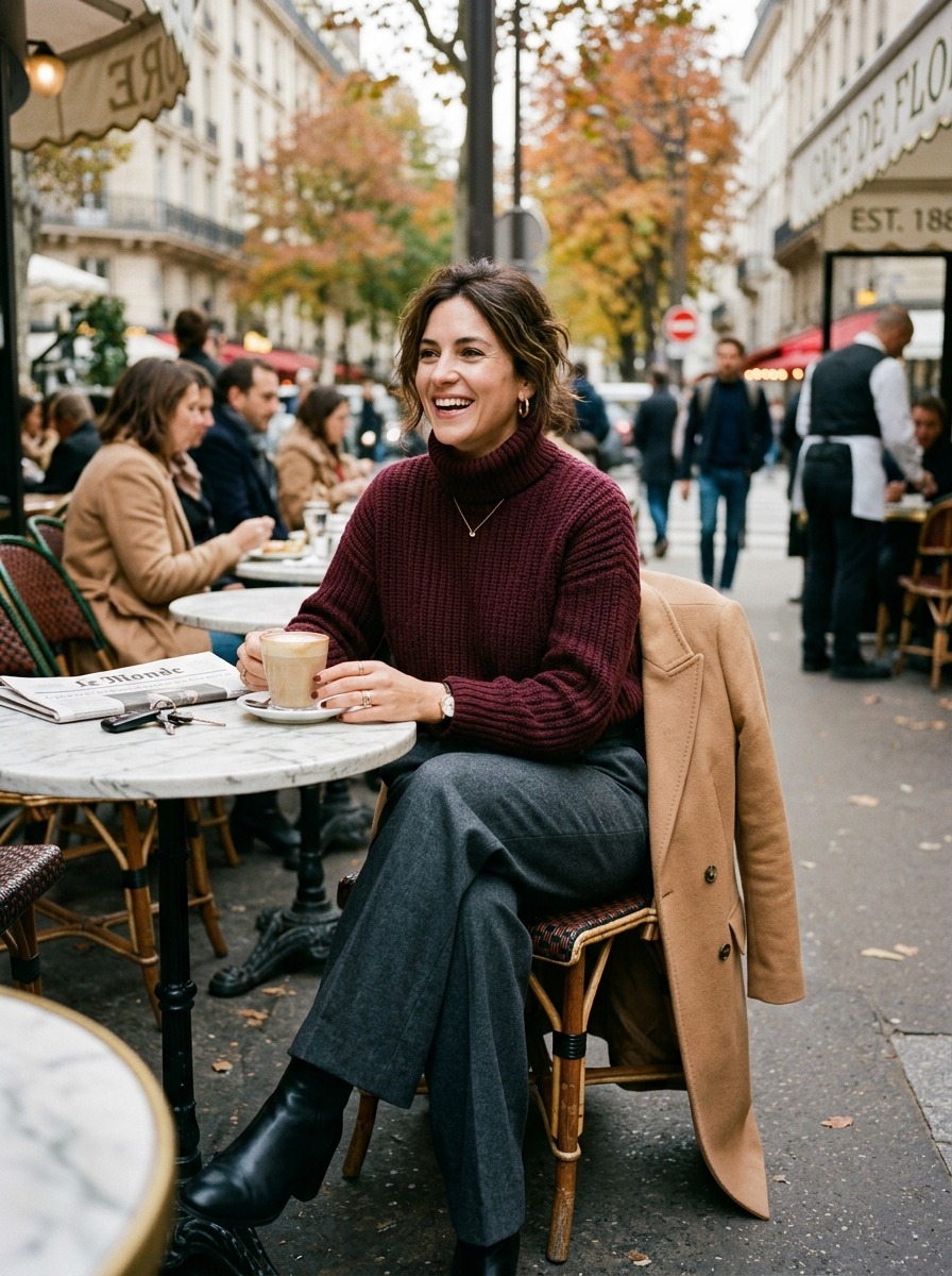Candid full-length fashion editorial documentary portrait of an adult woman seated at a Parisian cafe terrace table in a chunky burgundy wool sweater and charcoal wide-leg trousers