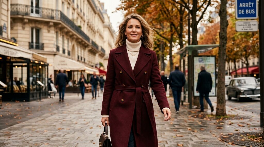 Editorial fashion photography of a stylish adult woman wearing a luxurious tailored burgundy wool coat over an ivory ribbed knit turtleneck walking on a European city boulevard in autumn