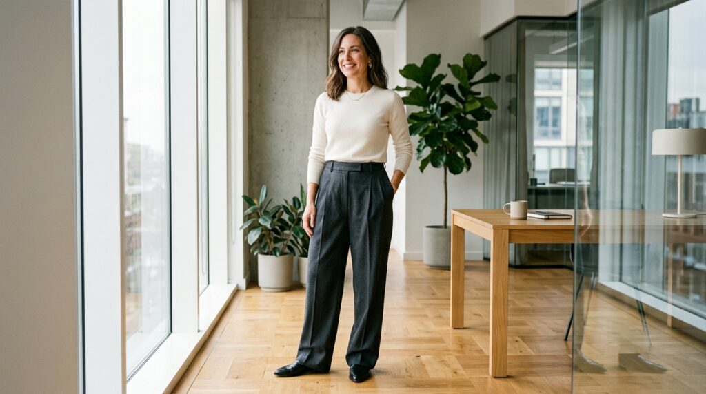 Candid editorial fashion photograph of an adult woman in a bright modern sunlit office studio wearing high-waisted pleated wide-leg trousers in charcoal wool crepe paired with an ivory fine-gauge cashmere crewneck knit and pointed black leather loafers