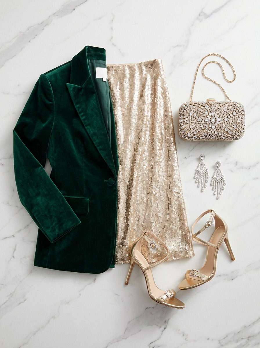 Overhead flat-lay photograph of a curated holiday party outfit capsule arranged cleanly on a neutral marble surface featuring an emerald velvet tailored blazer, a champagne sequin slip skirt, metallic evening heels, an embellished crystal evening clutch, and statement chandelier earrings