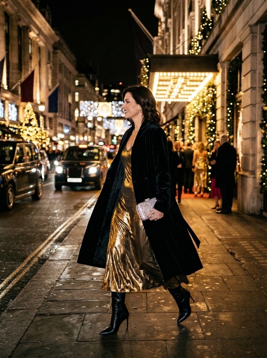 Full-length street style fashion photography of an elegant woman arriving at a glamorous holiday gala in a winter evening setting wearing a luxurious black velvet wrap coat draped over a metallic liquid gold midi slip dress paired with pointed stiletto boots and crystal clutch