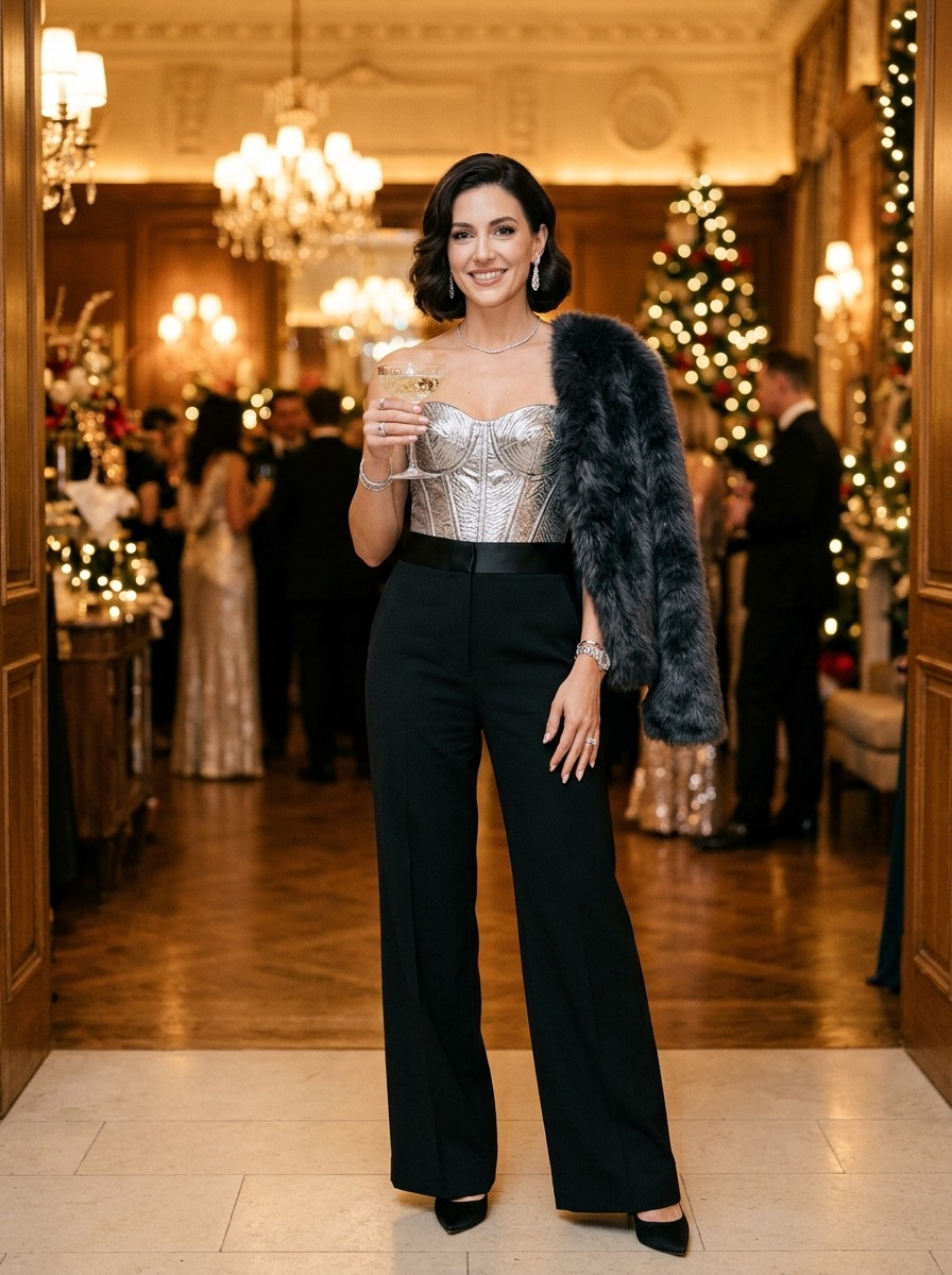 Editorial fashion portrait of a chic woman in an elegant holiday party setting wearing tailored tuxedo-style wide-leg black trousers paired with a structured metallic silver corset top and a draped faux-fur shawl over one shoulder holding a champagne coupe glass