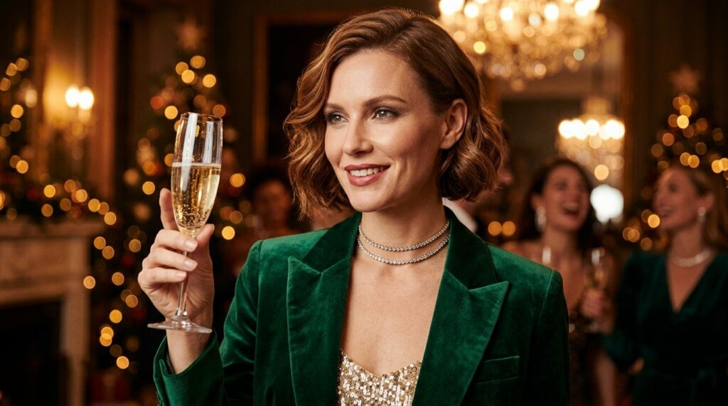 Editorial close-up fashion photography of an elegant woman wearing an emerald green velvet blazer, champagne sequin top, and layered diamond choker holding a champagne flute