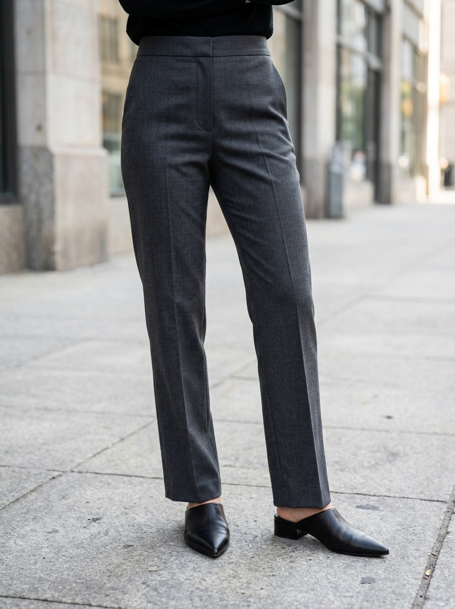 Full-length street style fashion photography of an elegant woman walking on city streets in winter wearing head-to-toe slate grey tailored overcoat, trousers, and knit scarf