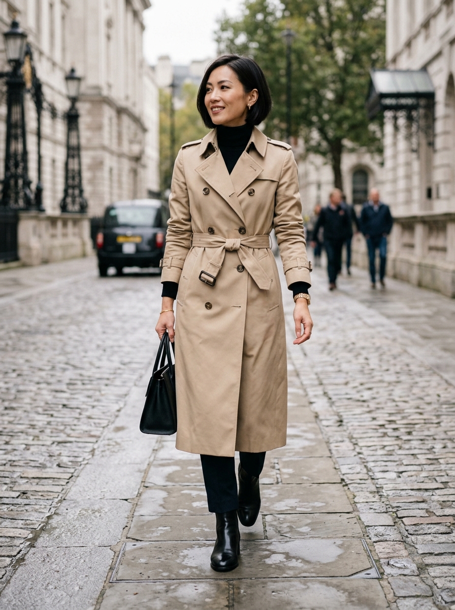 Fashion editorial photograph of an elegant model in deep espresso monochrome layers featuring a tailored coat, silk slip skirt, and tall leather boots