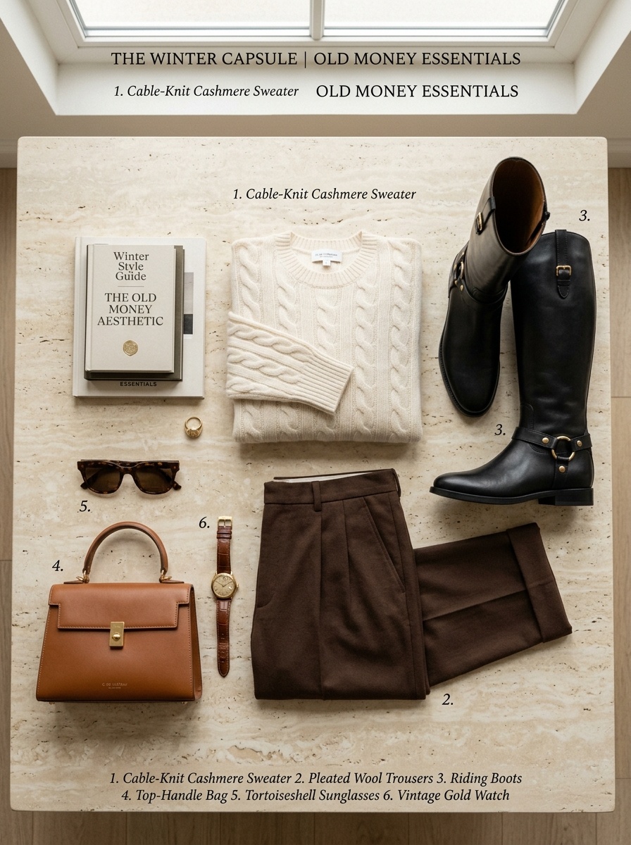 Overhead flat-lay photograph of old money winter wardrobe essentials on travertine stone featuring cream cashmere sweater, pleated wool trousers, leather riding boots, and structured handbag