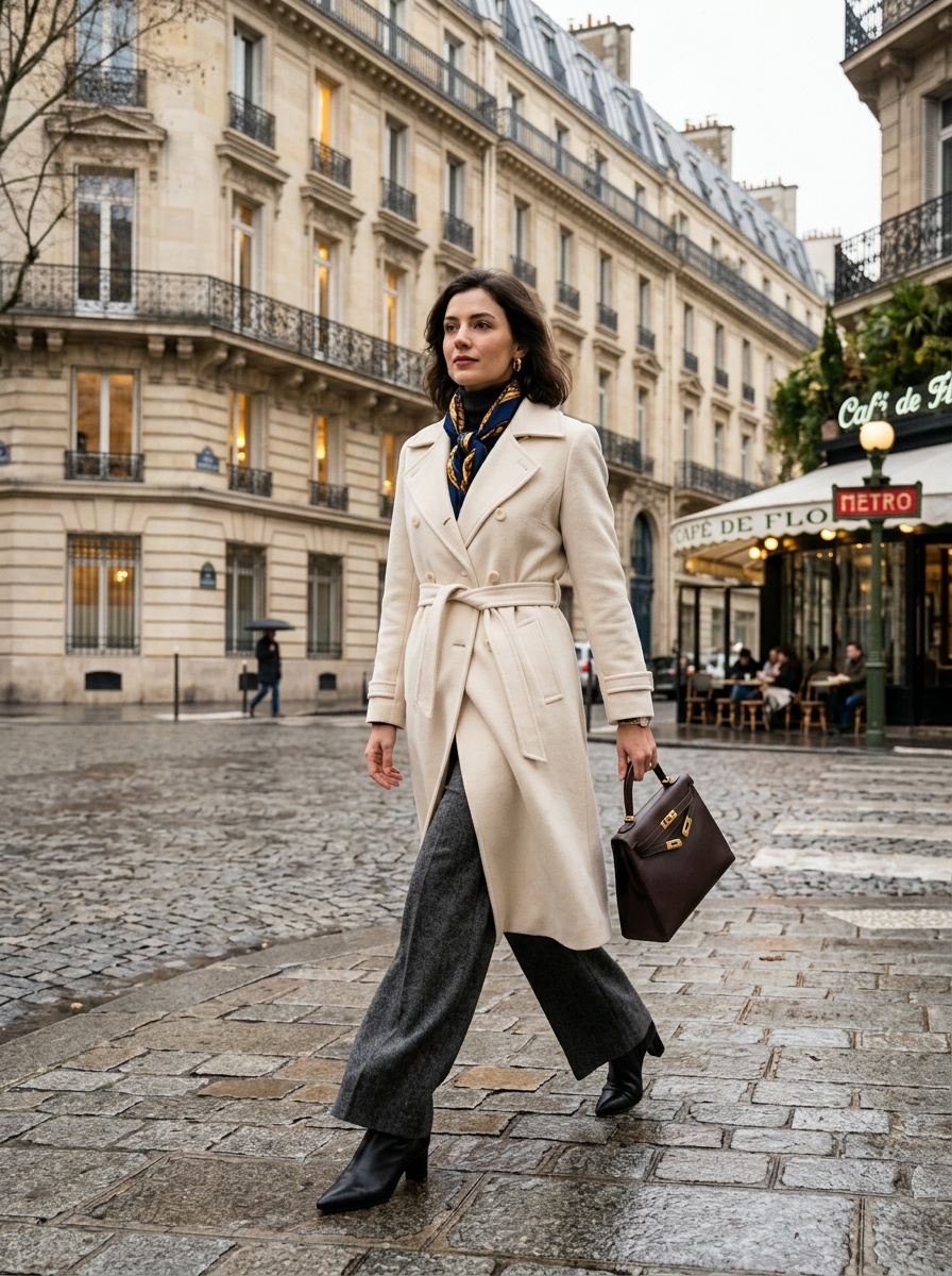 Full-length street style fashion photography of an elegant woman walking on Paris cobblestones in winter wearing a belted cream wool coat, wide-leg trousers, and carrying a structured leather Kelly bag