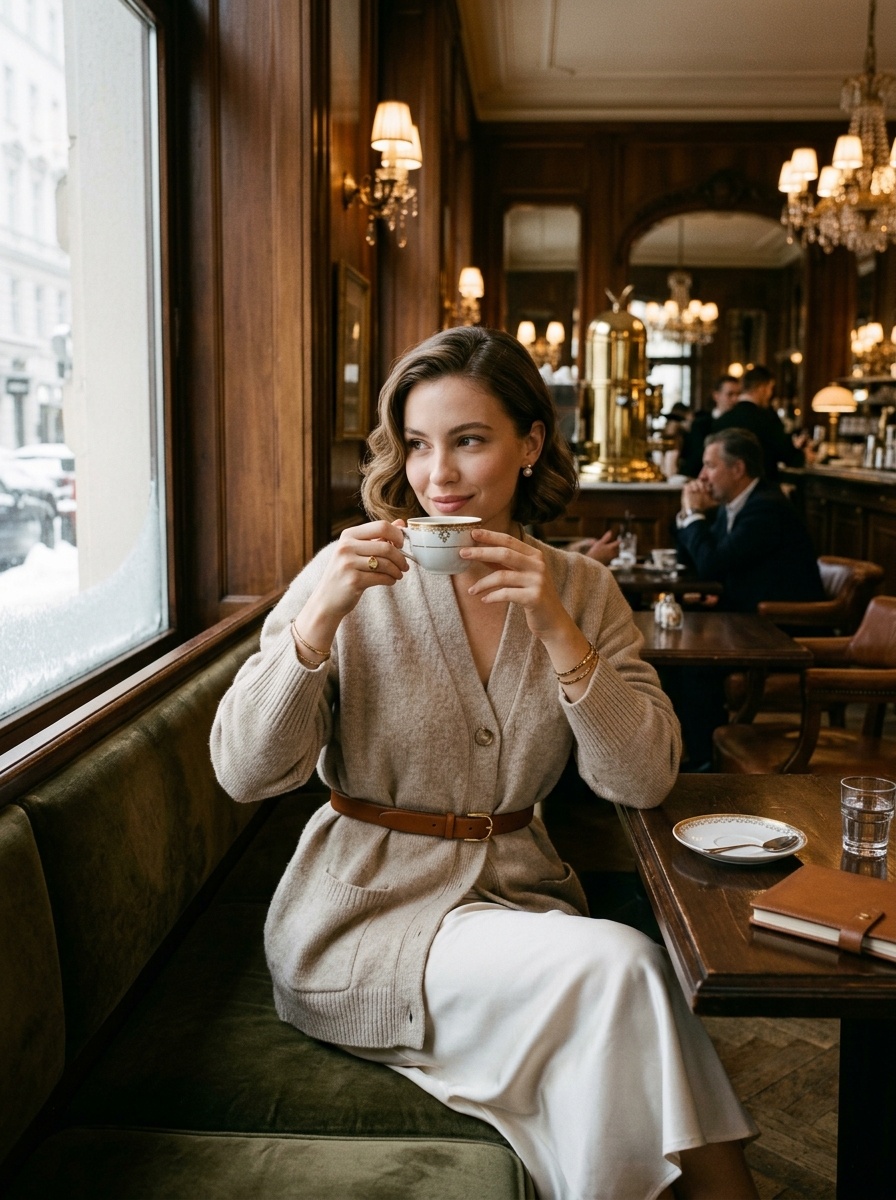 Fashion editorial photograph of an elegant woman in a classic European cafe wearing a belted oatmeal cashmere cardigan and ivory satin slip skirt sipping espresso