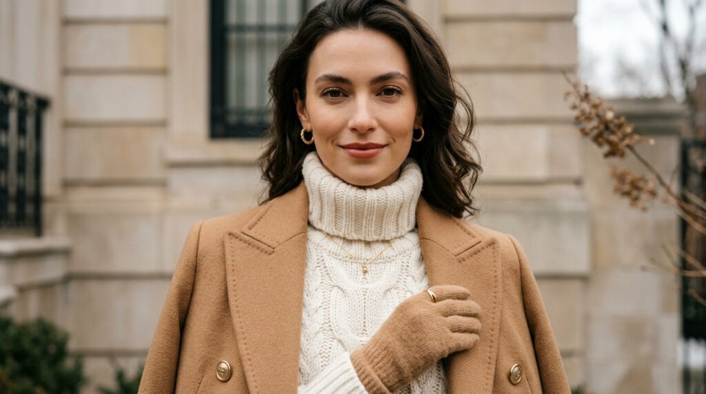 Editorial close-up fashion photography of a woman wearing a camel double-breasted wool-cashmere coat and ivory cable-knit turtleneck sweater with gold jewelry in winter