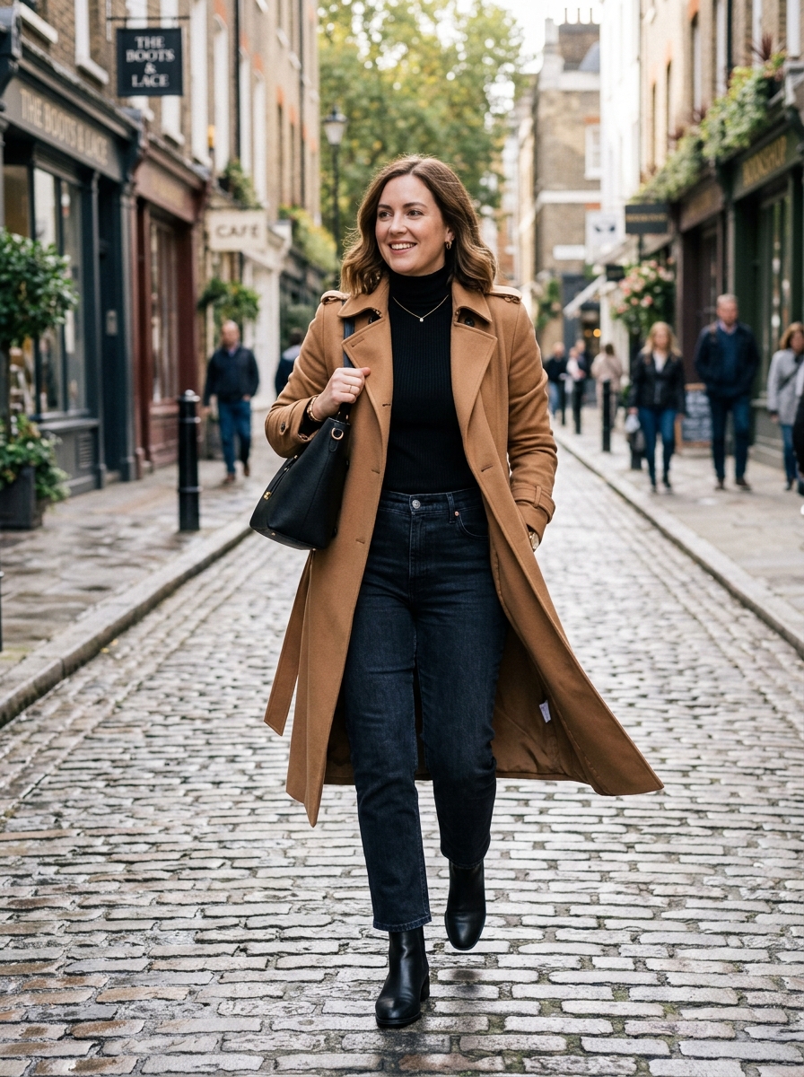 Fashion editorial photograph of an elegant woman wearing tall equestrian leather riding boots paired with an accordion pleated wool skirt and tailored camel jacket