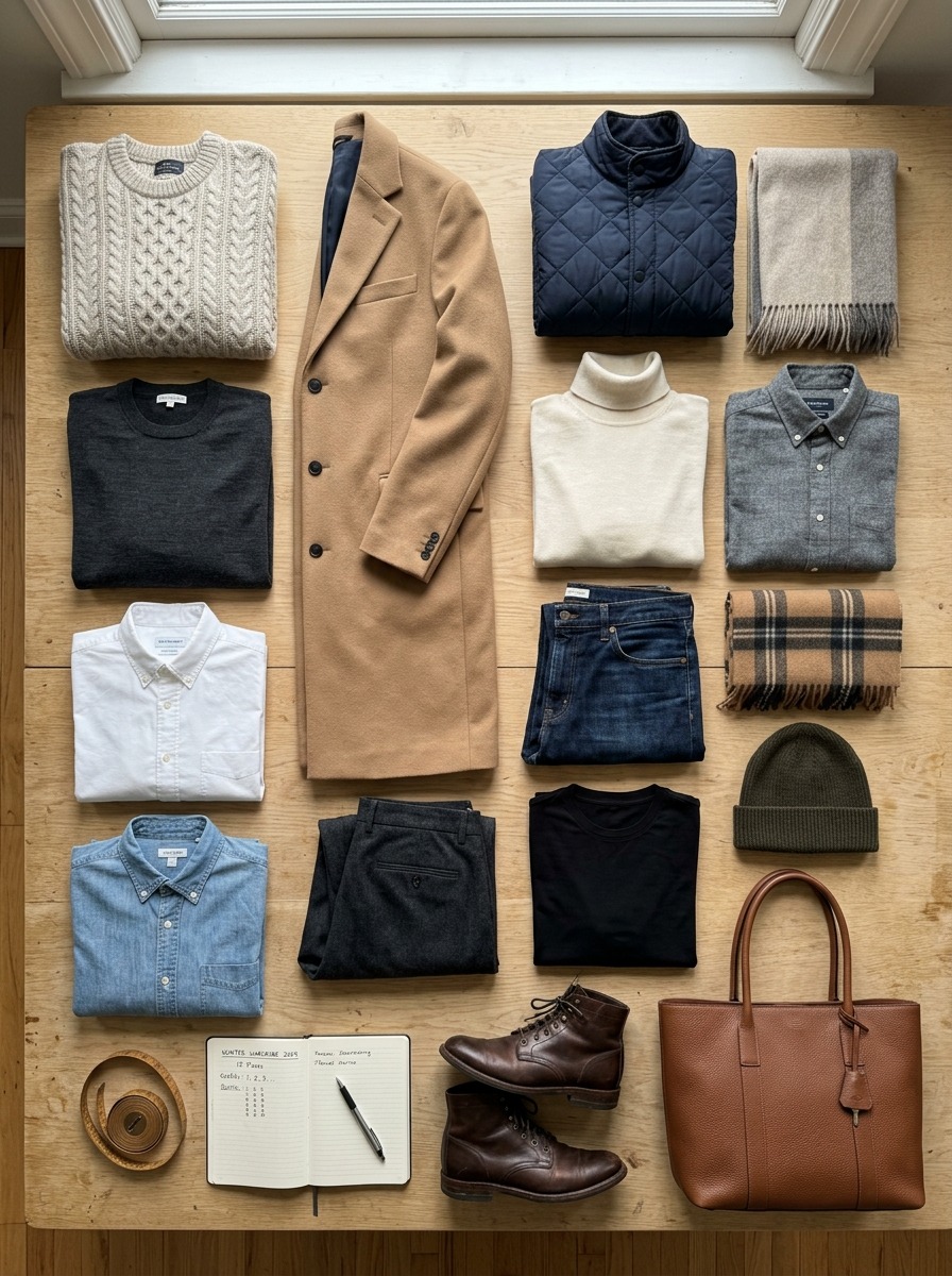 Overhead flat-lay photograph neatly organizing a 15-piece winter capsule wardrobe on a light oak workbench with folded wool sweaters, camel coat, and leather boots