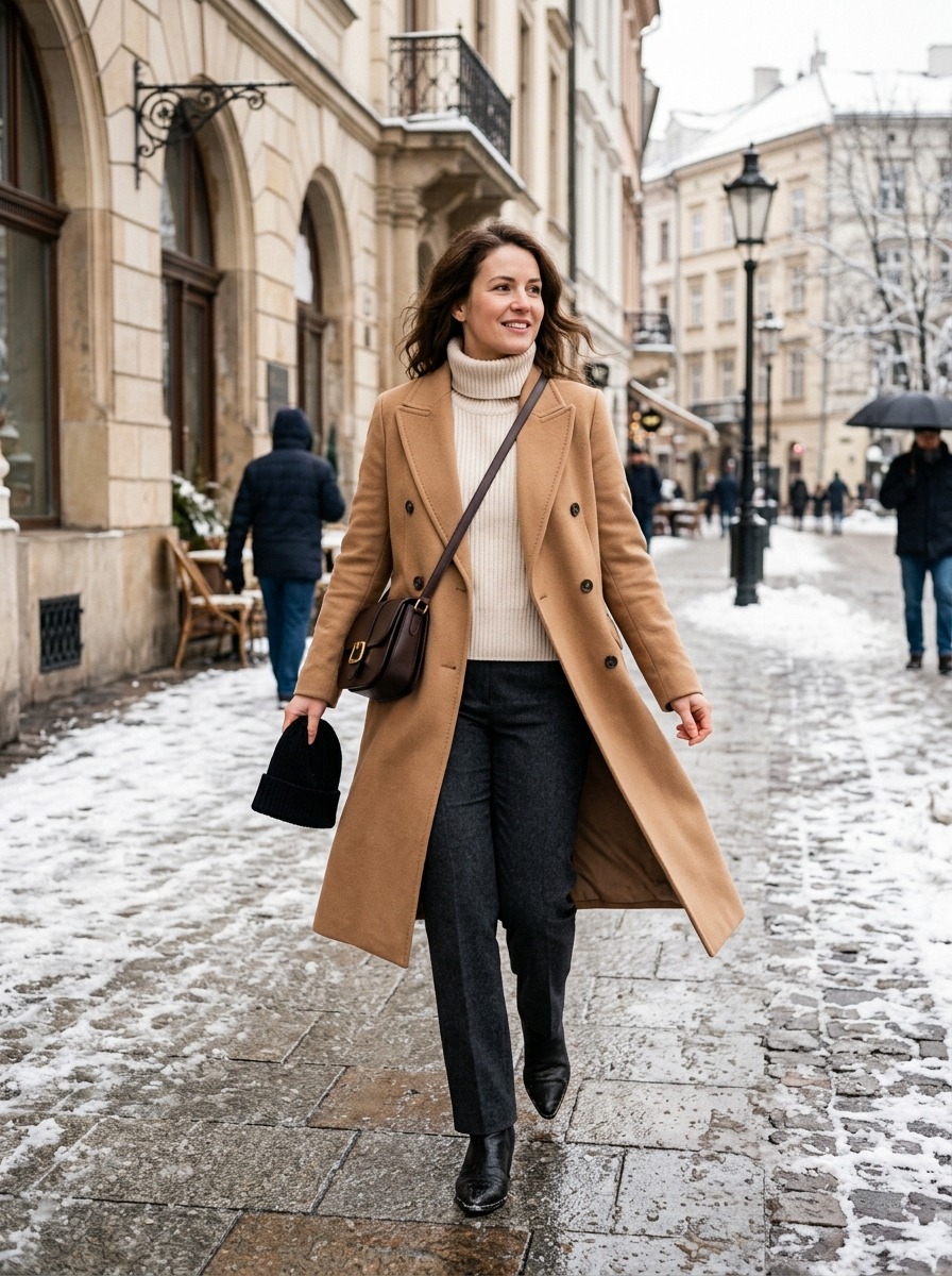 Full-length street-style candid photograph of an adult woman in a camel wool coat over cream turtleneck and charcoal trousers on a snowy city street