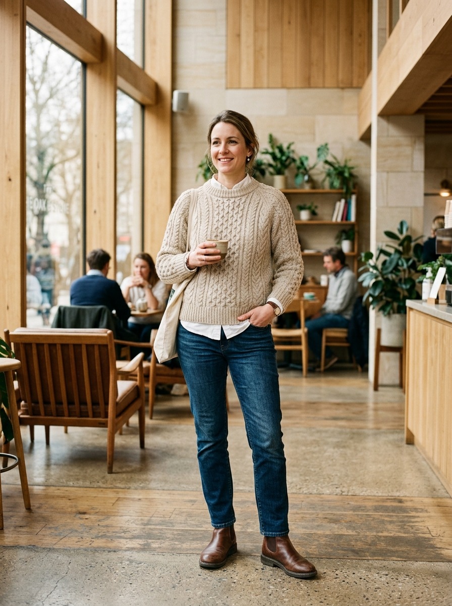 Full-length candid documentary portrait of an adult woman in a cable-knit sweater over white shirt with straight-leg denim and Chelsea boots in a sunlit architectural cafe