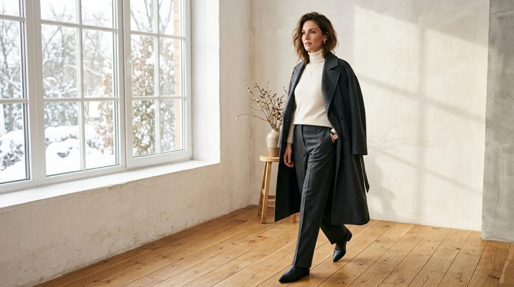 Editorial fashion photograph of an adult woman in a tailored camel double-faced wool coat over an ivory cashmere turtleneck and charcoal wide-leg wool trousers on a winter street