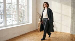 Editorial fashion photograph of an adult woman in a tailored camel double-faced wool coat over an ivory cashmere turtleneck and charcoal wide-leg wool trousers on a winter street