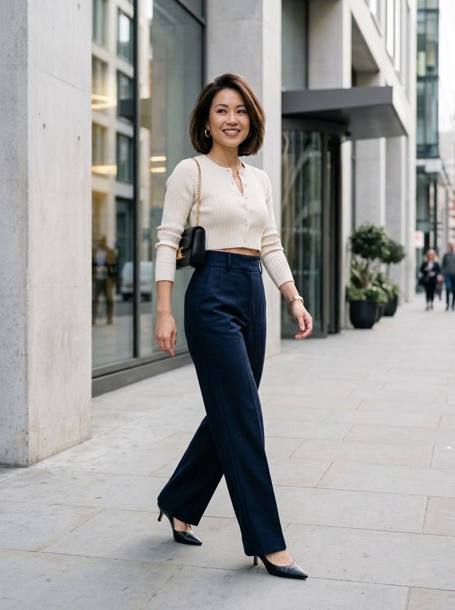 Full-length street style fashion photography of an elegant woman arriving at a candlelit restaurant in winter wearing a belted wool wrap coat with silk slip skirt and leather boots