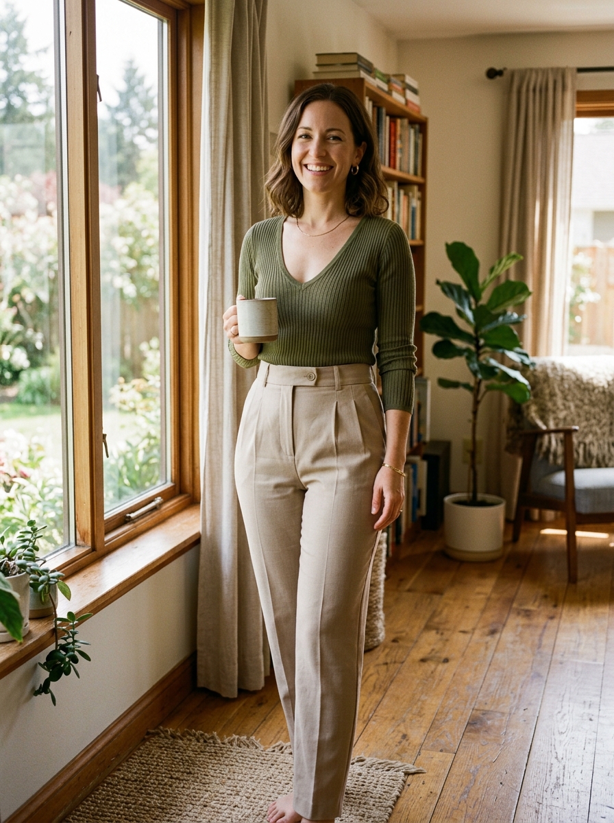 Editorial fashion portrait of a chic woman in an intimate evening lounge wearing chocolate brown leather trousers with a soft knit sweater and pointed slingback pumps