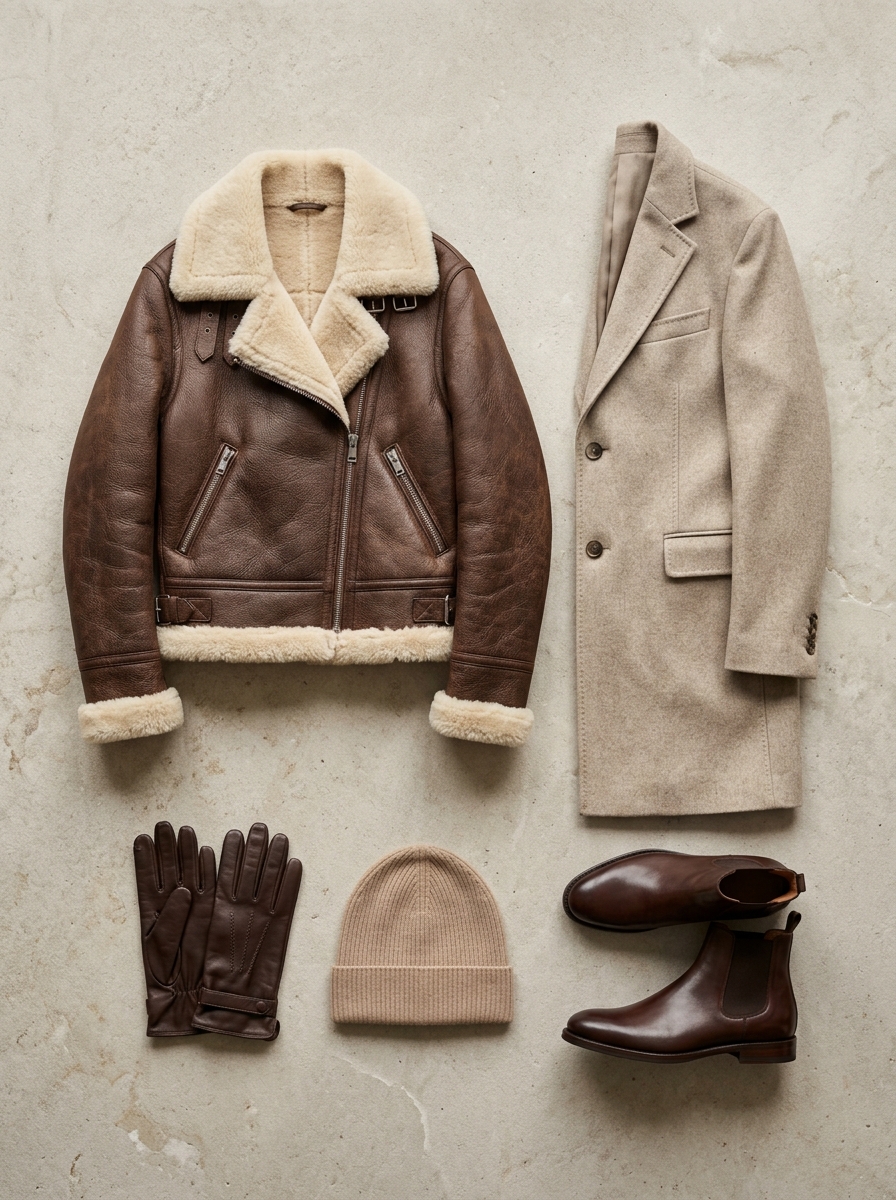 Overhead flat-lay photograph of a curated winter jacket capsule arranged cleanly on a neutral limestone background featuring an aviator jacket, structured wool jacket, leather gloves, and ankle boots