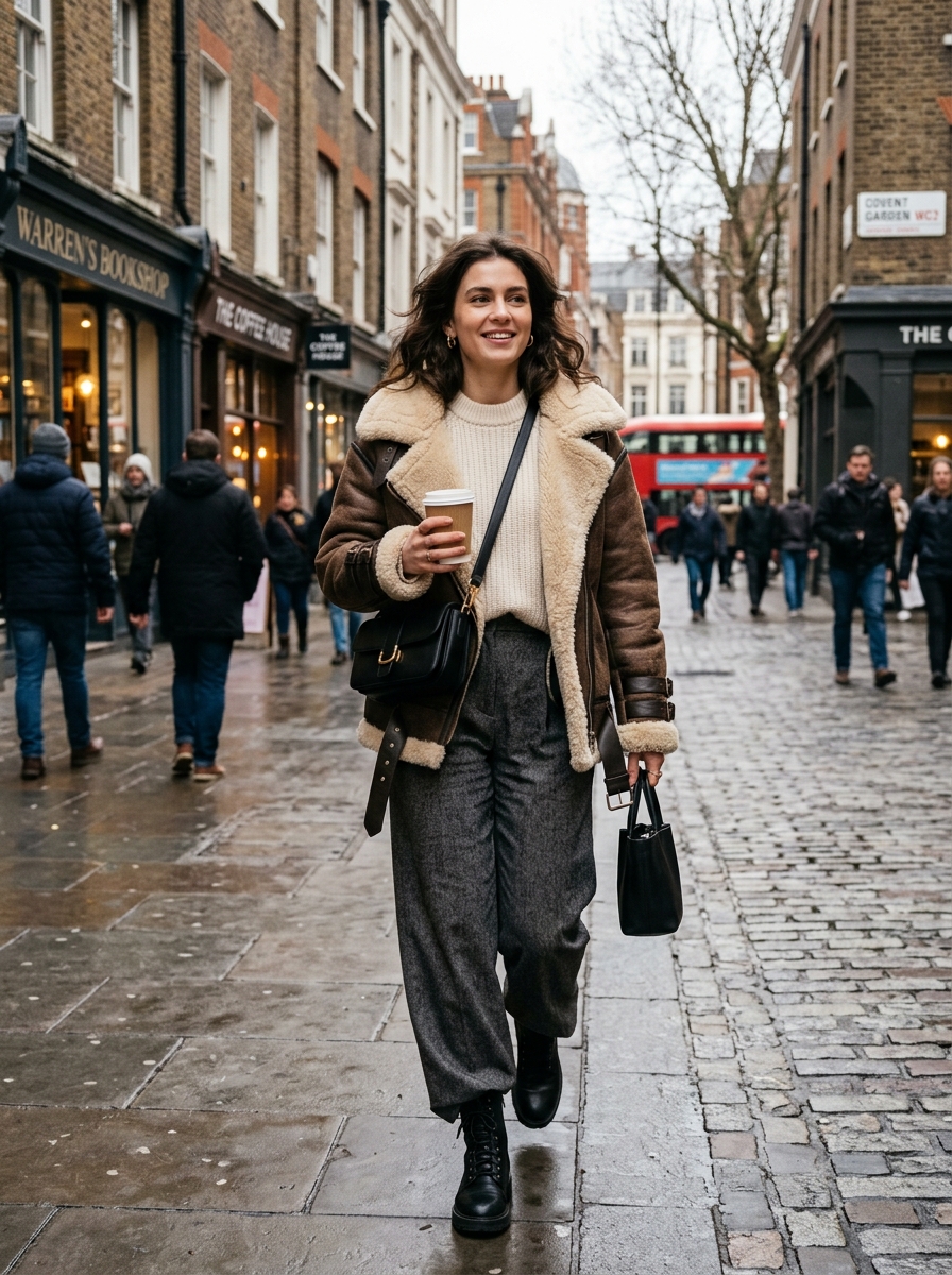 Street style fashion photography of an elegant woman wearing an oversized aviator shearling jacket with cream knitwear and wide-leg trousers on a winter city street