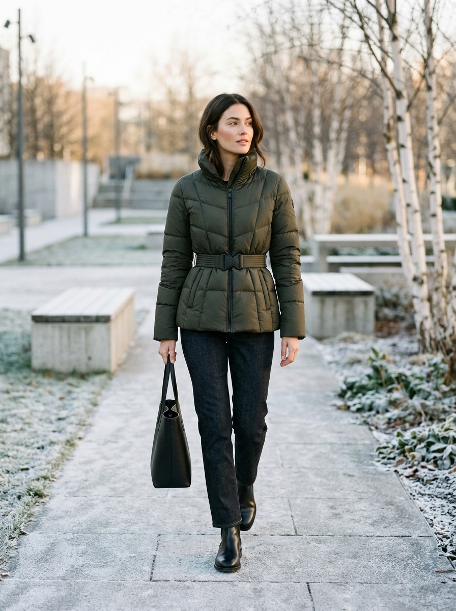 Editorial fashion portrait of a woman wearing a modern cinched-waist quilted puffer jacket in dark olive green styled with straight-leg denim and leather Chelsea boots