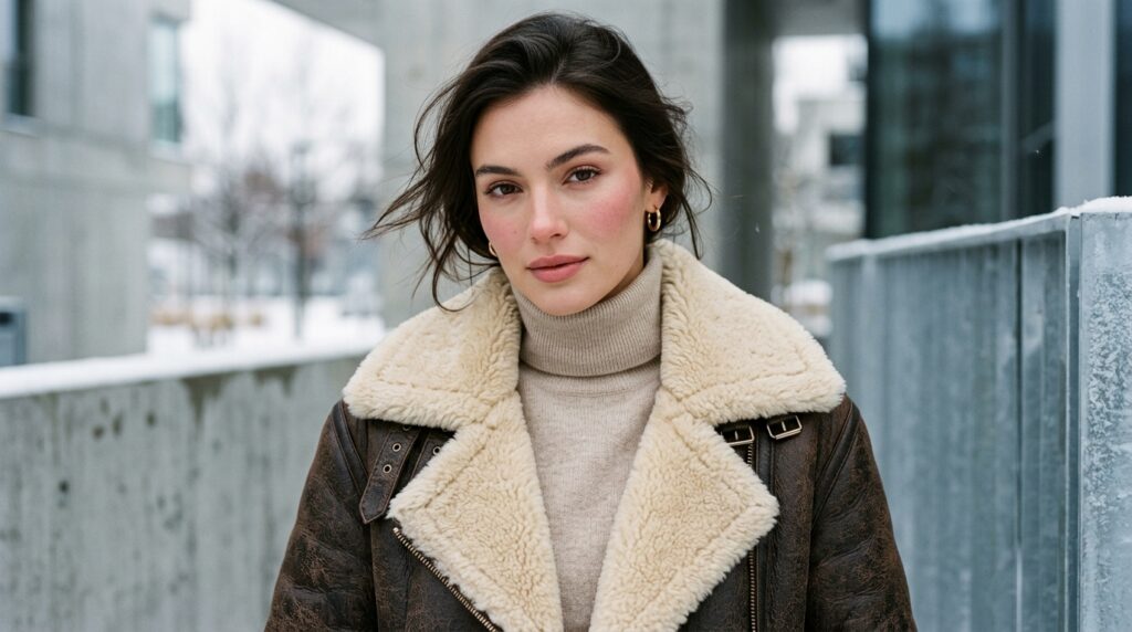 Editorial fashion photography of an elegant woman wearing a luxurious aviator shearling jacket in rich espresso brown and cream fleece in soft winter natural lighting