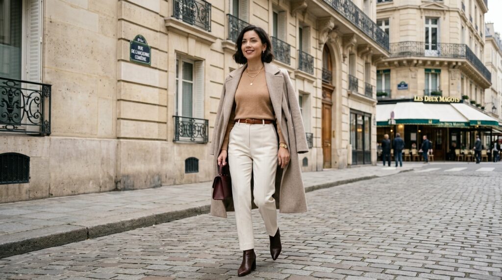Editorial close-up fashion photography of an elegant woman wearing high-waisted black leggings with a chunky camel knit and tailored wool overcoat