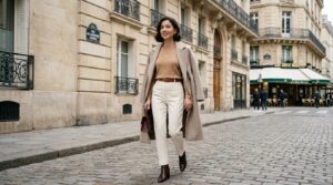 Editorial close-up fashion photography of an elegant woman wearing high-waisted black leggings with a chunky camel knit and tailored wool overcoat