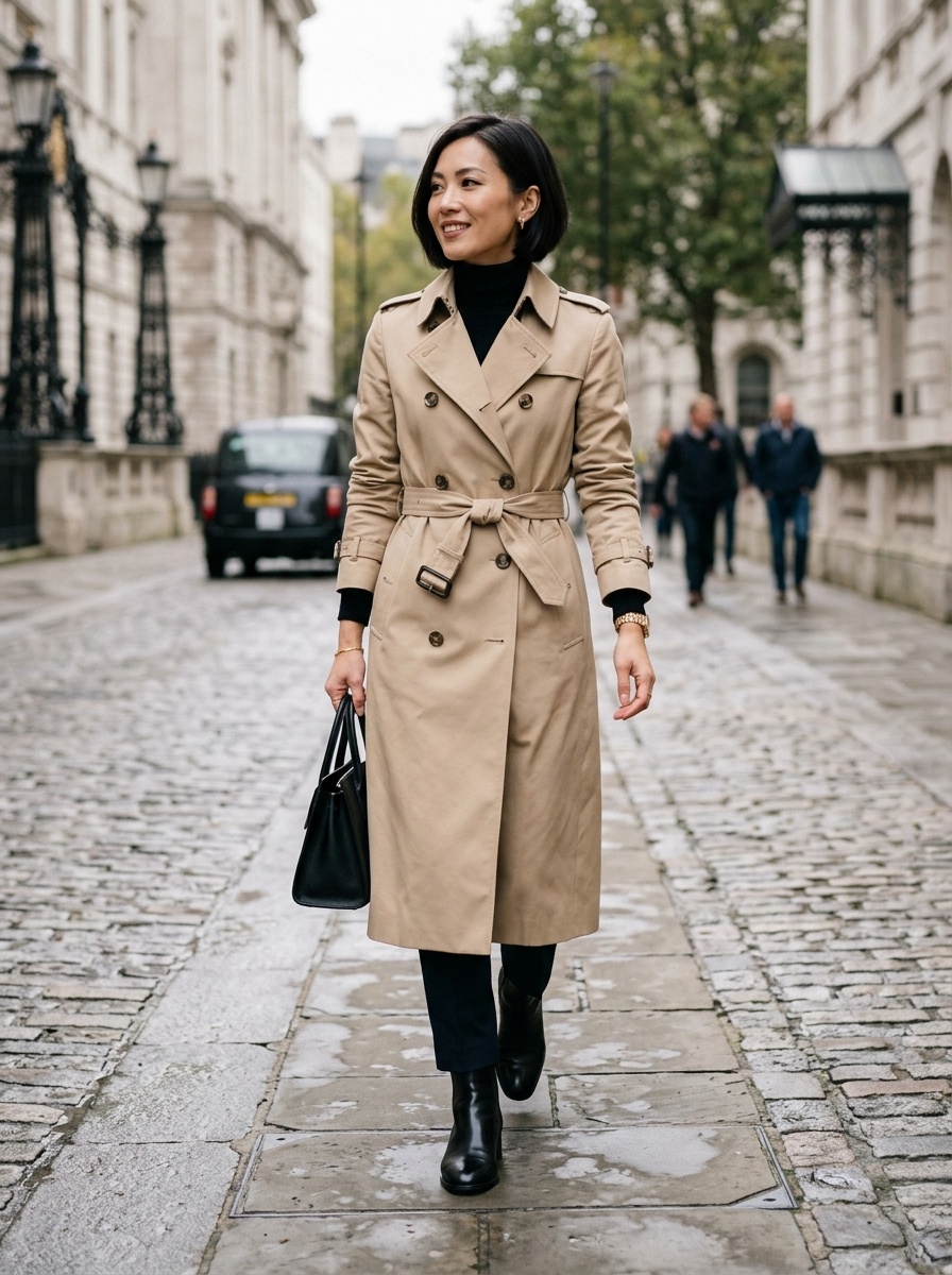 Fashion editorial photograph of a model in a sophisticated cold-weather look featuring a chunky ribbed knit scarf paired with tailored wide-leg trousers