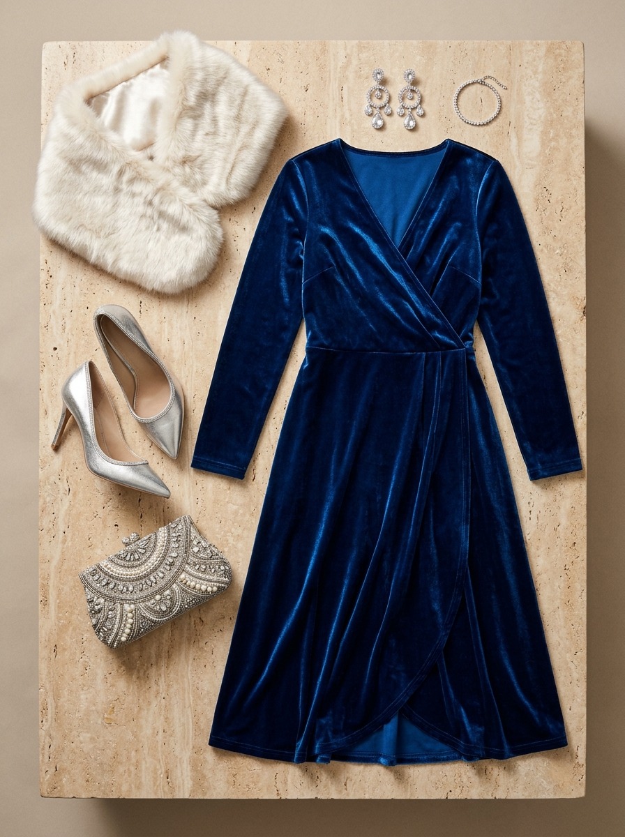 Overhead flat-lay photograph of a curated winter wedding guest outfit capsule arranged cleanly on a warm travertine surface featuring a deep sapphire velvet wrap dress, metallic pointed evening heels, a plush ivory faux-fur stole, crystal drop earrings, and an embellished evening box clutch