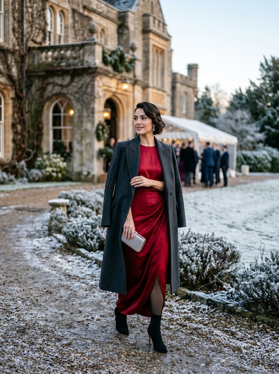 Full-length street style fashion photography of an elegant woman arriving at a winter estate wedding, wearing a tailored charcoal wool overcoat draped over a rich ruby red silk satin maxi dress, paired with pointed stiletto ankle boots and a crystal evening clutch