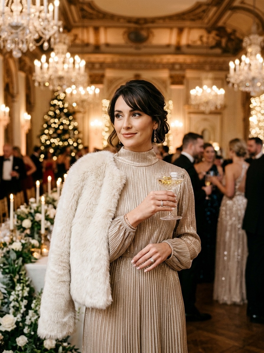 Editorial fashion portrait of a chic woman at a winter evening wedding reception, wearing a pleated metallic champagne plissé long-sleeve gown with a delicate faux-fur wrap over one shoulder, holding a champagne coupe glass