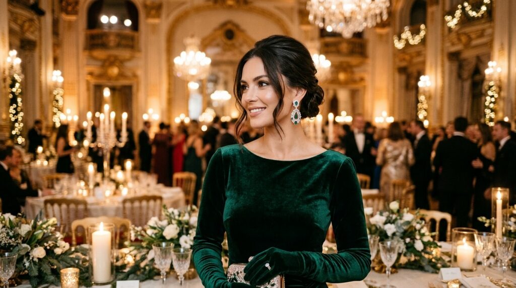 Editorial close-up fashion photography of an elegant wedding guest in a historic luxury ballroom wearing an emerald green long-sleeve velvet gown with a boat neckline and crystal drop earrings
