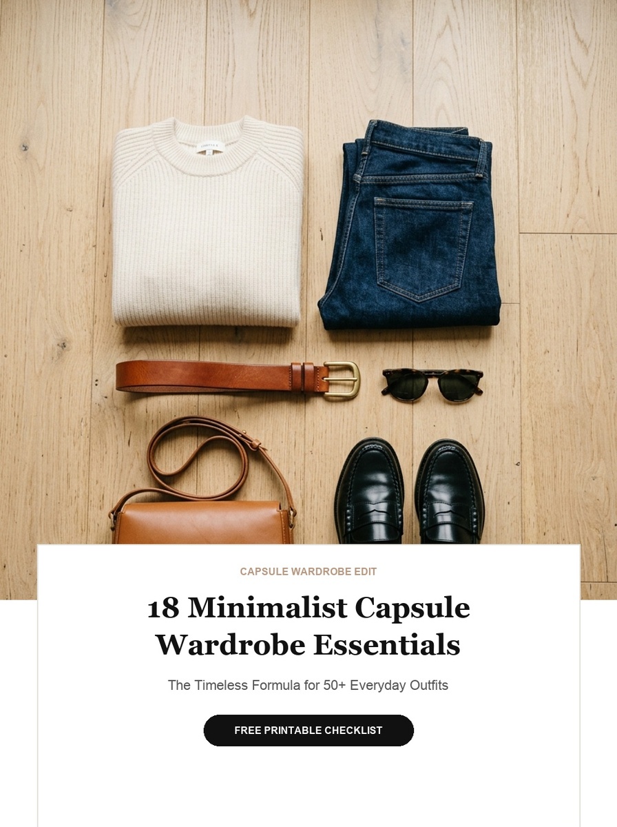 Overhead flat-lay photograph of professional winter workwear essentials featuring a structured wool blazer, cashmere knit, tailored trousers, leather tote, and sleek ankle boots