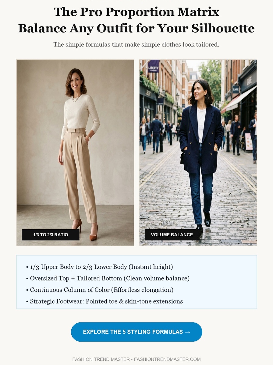 Fashion editorial photograph of a woman wearing a tailored charcoal wool suit with pointed leather boots and minimal gold jewelry in an executive boardroom