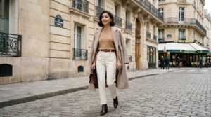 Editorial fashion photography of a professional woman wearing a tailored wool blazer, fine cashmere knit, and high-waisted trousers in a modern architectural office environment